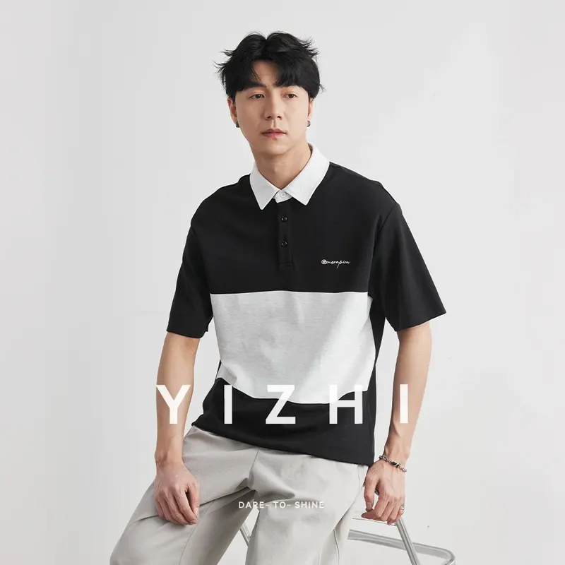 2026 Summer New Contrast Color Splicing Polo Shirt Men's Loose Shoulder Style Simple Casual Lapel Short Sleeve T-Shirt