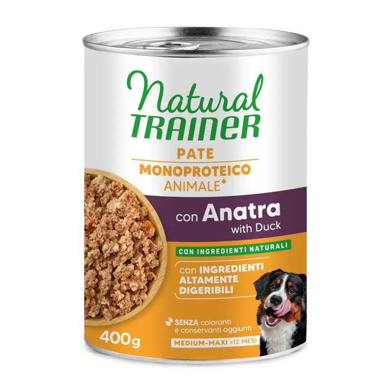 9 + 3 gratis! Natural Trainer, karma mokra, 12 x 400 g / 415 g - Pate Monoproteico Medium & Maxi Adult, kaczka i zboża pełnoziarniste, 12 x 400 g