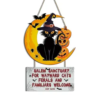 Dekoracje na Halloween w stylu vintage, tabliczki z wizerunkiem czarnego kota, tabliczki powitalne na drzwiach wejściowych, kapelusz czarownicy