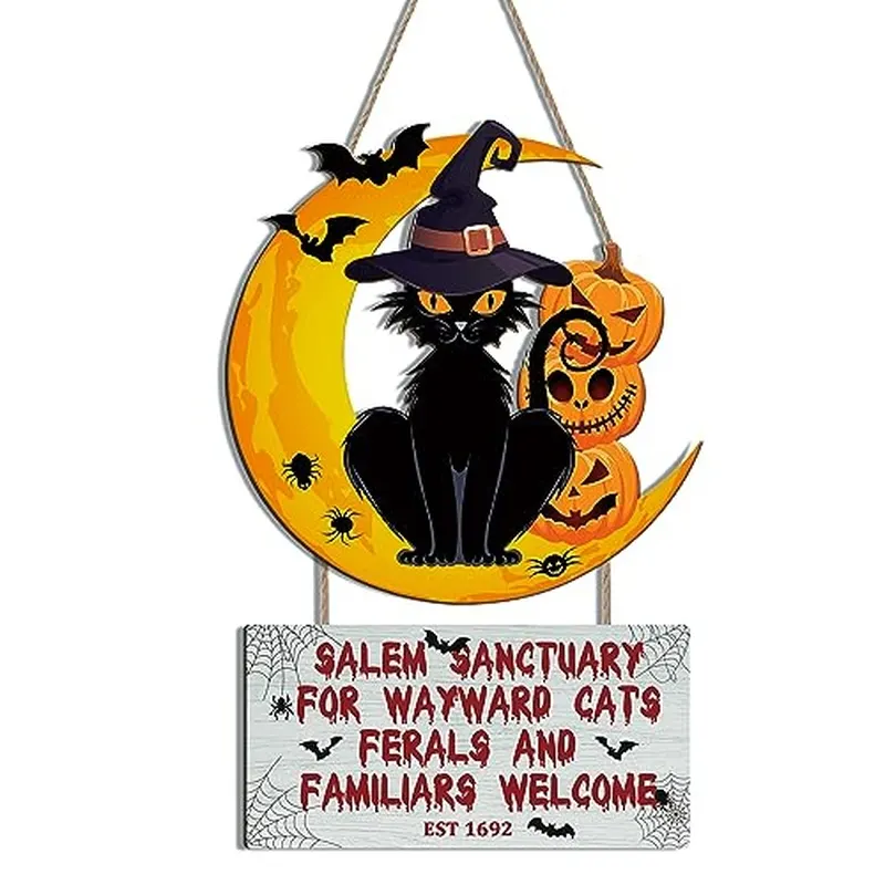 Dekoracje na Halloween w stylu vintage, tabliczki z wizerunkiem czarnego kota, tabliczki powitalne na drzwiach wejściowych, kapelusz czarownicy
