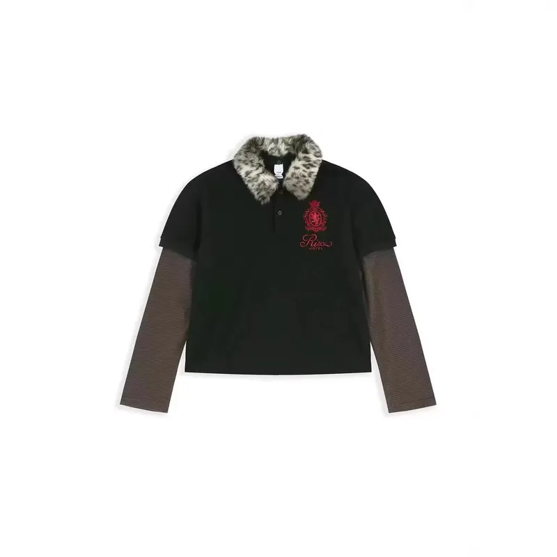 Protocol index polo with stand-up collar washed and fitted embroidered detachable with a fur collar patchwork Tee for couples