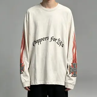 New Vintage Tops Hip Hop WCC West Coast Style Long Sleeve Tee Casual Washed Oversize Streetwear Flame Cross T-shirt for Men