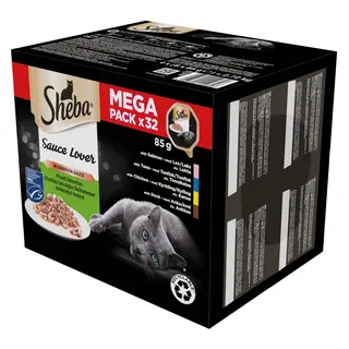 SHEBA Sauce Lover Kaczka, Kurczak, Łosoś, Tuńczyk Box - mokra karma dla kota - 32x85g