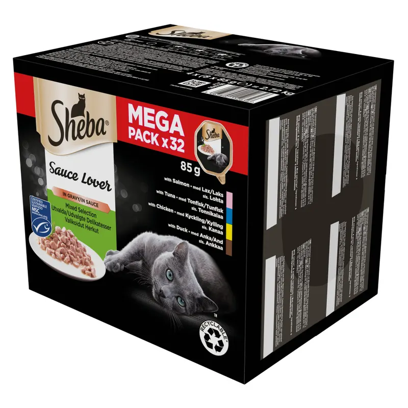 SHEBA Sauce Lover Kaczka, Kurczak, Łosoś, Tuńczyk Box - mokra karma dla kota - 32x85g
