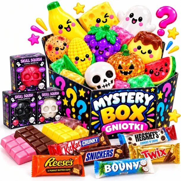 4 gniotki Squishy w Mystery Boxie + zabawka niespodzianka na prezent