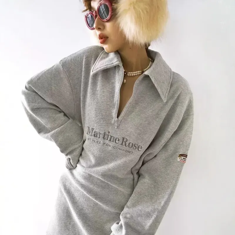 Martine Rose Light Gray Fuzzy Knit Pullover Casual Loose Half-Zip Polo Shirt Long Sleeve
