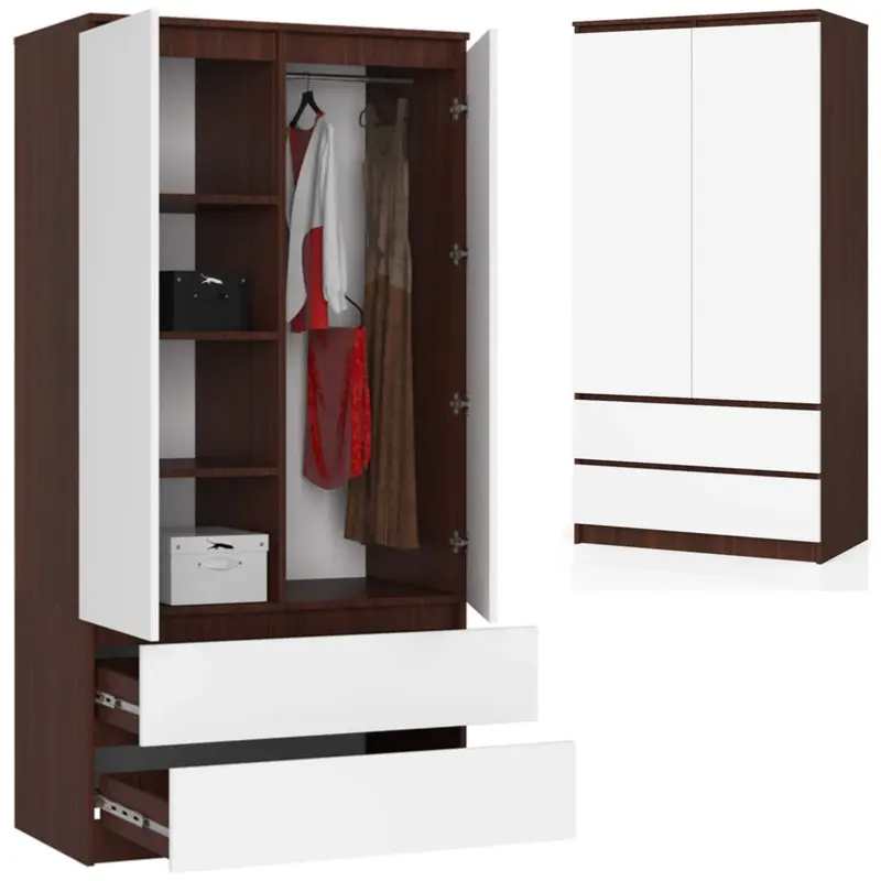 Duża Szafa Na Ubrania 90 Cm 2 Szuflady Drążek Na Wieszaki Wenge Biały Front