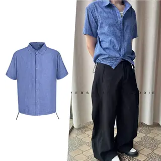 Royal blue plaid shirt drawstring short sleeved shirt versatile short sleeved shirt Men's clothing with many Korean reviews
