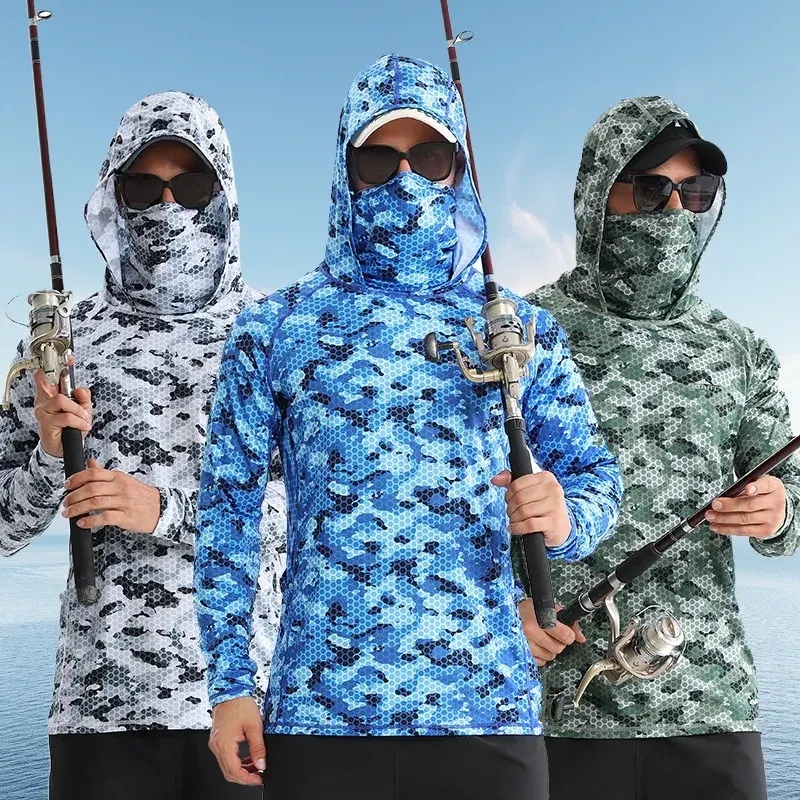Male Summer Outdoor Fishing Sunscreen T-shirts Ice Feeling Hooded Jackets Quality UPF 50+ UV Resistant Quick Dry Beach Trip Tops