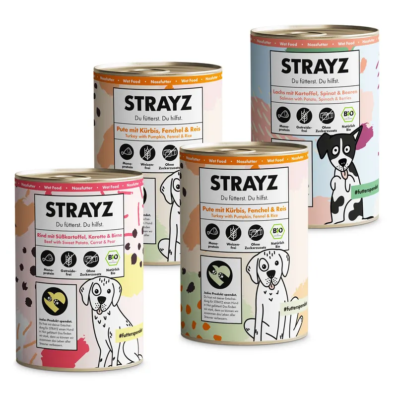 STRAYZ BIO mokra karma dla psów, 4 x 400 g - Pakiet próbny BIO (3 rodzaje)