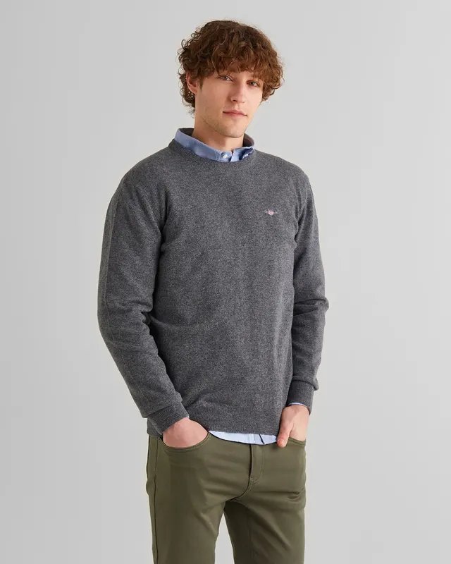 Gant Sweter Męski Okrągły Kołnierzyk Regular Fit Szary