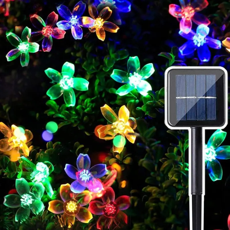 Lampki solarne z 50 diodami LED w kształcie kwiatów wiśni, długość 6,5 metra, 8 trybów, wodoodporne, kolorowe.