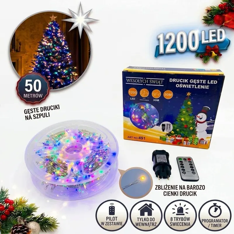Lampki Choinkowe LED 1200 LED 50m Wewnętrzne Multikolor Oświetlenie