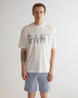 Gant T-Shirt Męski Z Okrągłym Kołnierzykiem İ Nadrukiem Oversize Fit Kremowy
