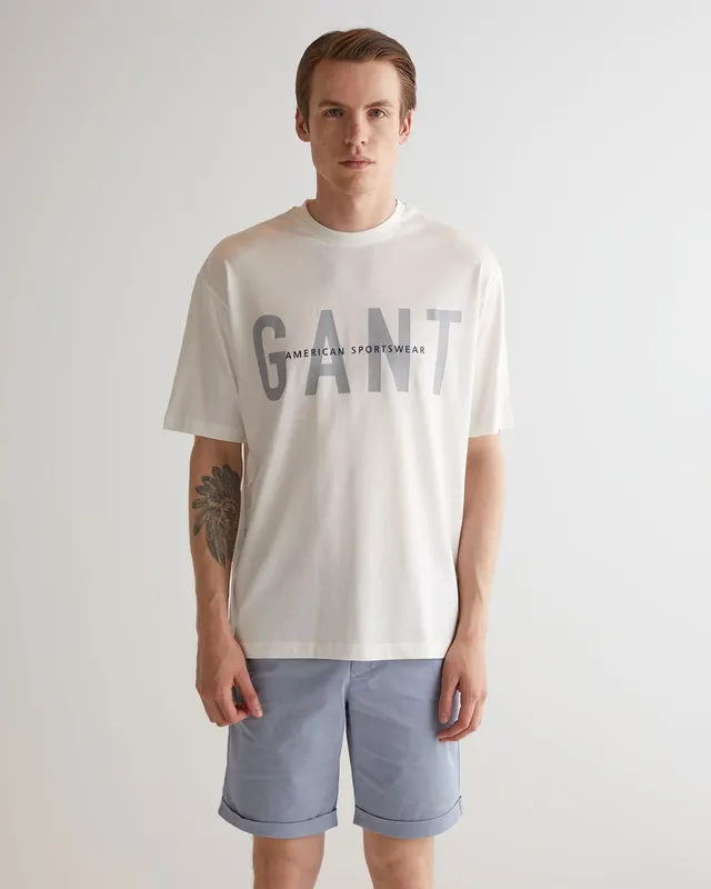 Gant T-Shirt Męski Z Okrągłym Kołnierzykiem İ Nadrukiem Oversize Fit Kremowy