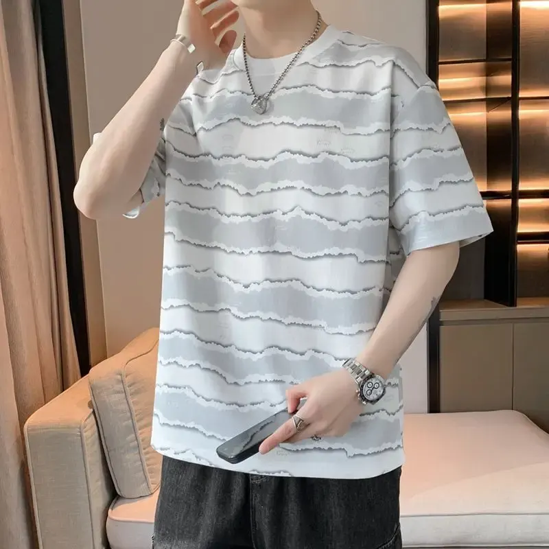 Men's Casual Striped T-Shirt Breathable Daily Wear Round Neck Short Sleeve Summer Style