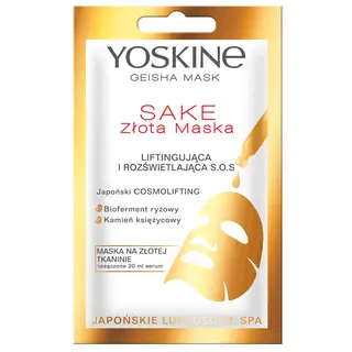 Yoskine Geisha Mask maska na złotej tkaninie Sake liftingująca i rozświetlająca z biofermentem ryżowym 20 ml
