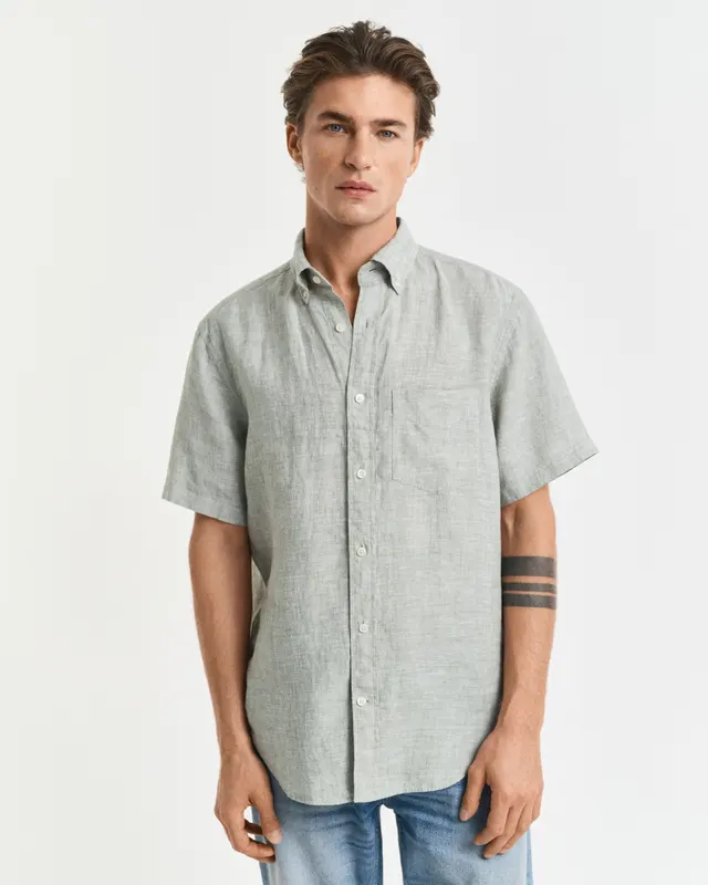 Gant Koszula Męska Krótki Rękaw Regular Fit Zielona