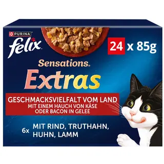 3 + 1 gratis! 4x Felix, karma mokra dla kota, różne rodzaje - 4 x (24 x 85 g) Sensations Extras w galarecie, mięsna różnorodność, (72 + 24 gratis!)