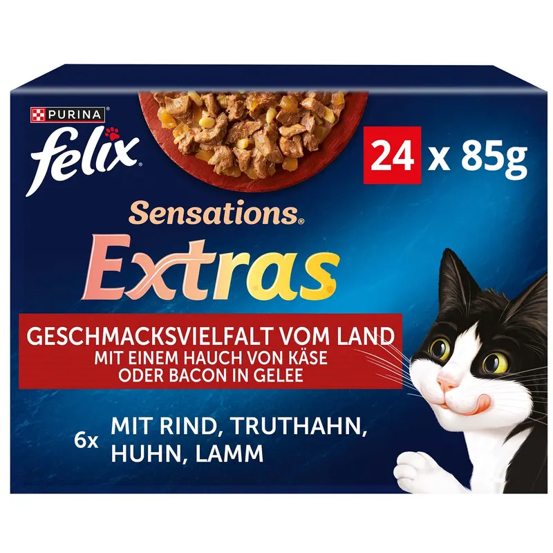 3 + 1 gratis! 4x Felix, karma mokra dla kota, różne rodzaje - 4 x (24 x 85 g) Sensations Extras w galarecie, mięsna różnorodność, (72 + 24 gratis!)