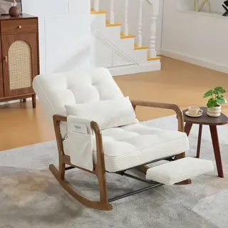 Nowoczesny fotel bujany z podnóżkiem, fotel dziecięcy ze sztruksu z bocznymi kieszeniami, ergonomiczny fotel wypoczynkowy z poduszką lędźwiową i reg..