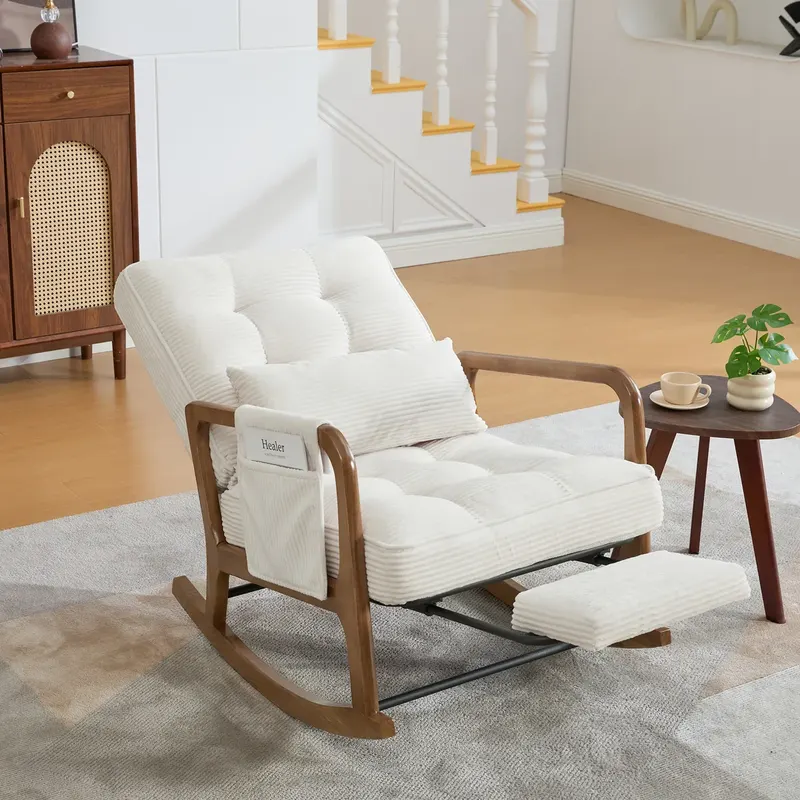 Nowoczesny fotel bujany z podnóżkiem, fotel dziecięcy ze sztruksu z bocznymi kieszeniami, ergonomiczny fotel wypoczynkowy z poduszką lędźwiową i reg..
