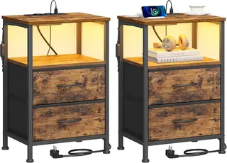 Zestaw 2 Szafek Nocnych z Ładowarką Led Brąz 39,6x30x60,4 cm Songmics