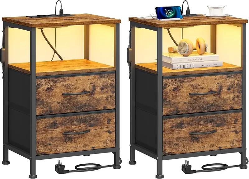 Zestaw 2 Szafek Nocnych z Ładowarką Led Brąz 39,6x30x60,4 cm Songmics