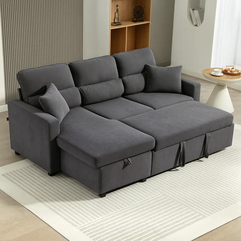 Regulowana sofa z funkcją spania, L-kształtna sofa gościnna z funkcją łóżka, pojemnik do przechowywania, poduszki, do salonu i pokoju gościnnego, ci..