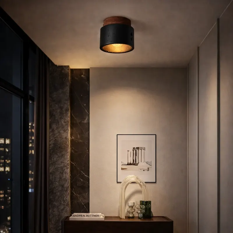 TORRA — sufitowa lampa z naturalnego trawertynu i drewna | Światło w stylu Japandi i Wabi-Sabi