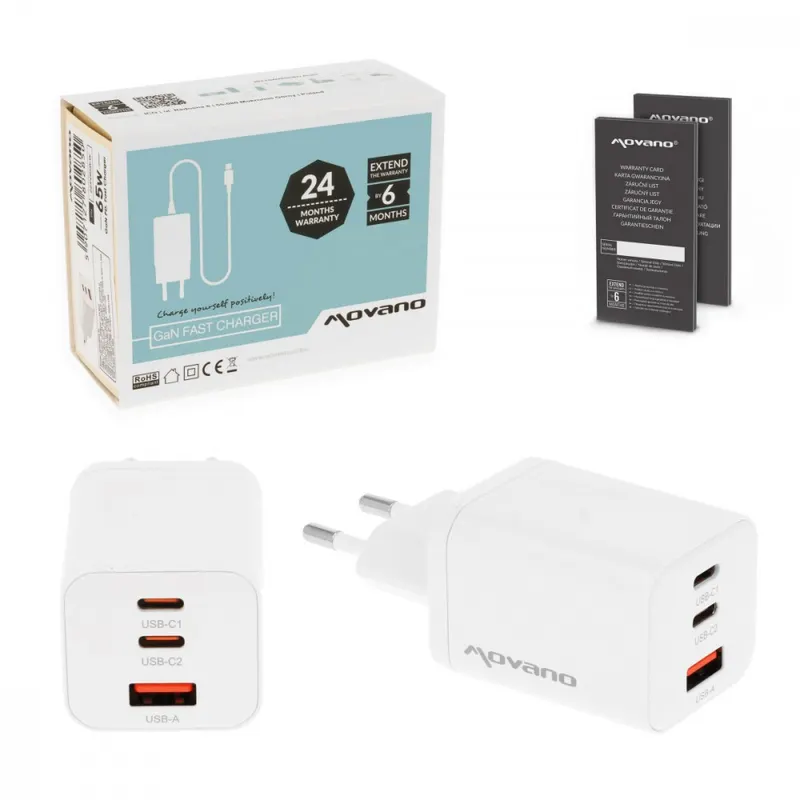 Movano Ładowarka GaN 65W 2x USB-C PD + USB-A (biała)