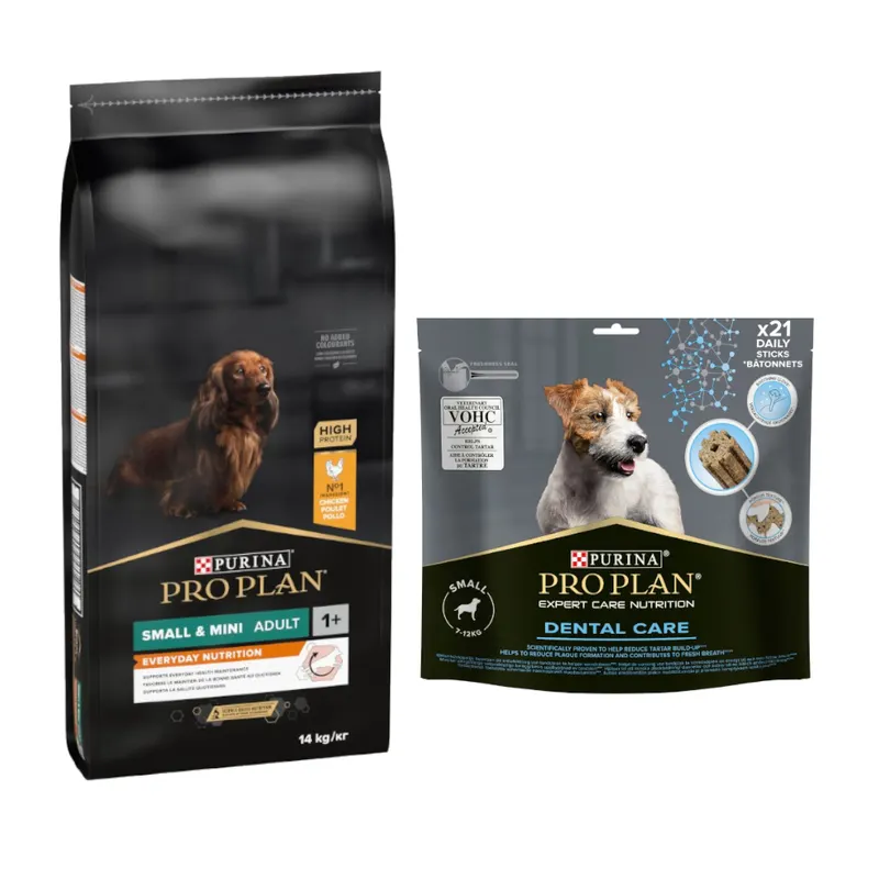 PURINA PRO PLAN: karma sucha dla psa, 12 kg / 14 kg + przysmaki dla psa gratis! - Small & Mini Adult Everyday Nutrition, kurczak i ryż, 14 kg + Dental Care dla małych psów (7-12 kg), 345 g (21 sztuk)