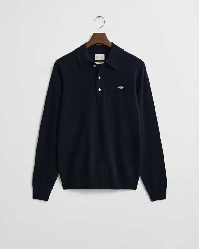 Gant Sweter Męski Polo Z Długim Rękawem Regular Fit Granatowy