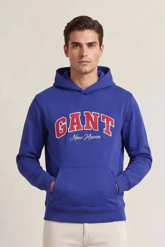 Gant Bluza Męska Z Nadrukiem Z Kapturem Niebieska