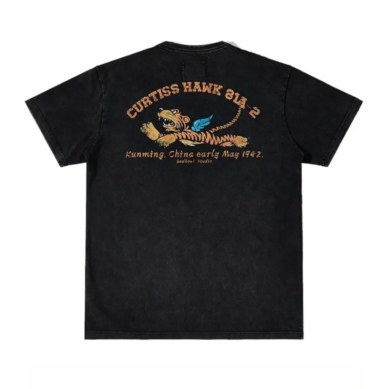 American WWII Air Force P-40 Flying Tiger AVG Printed Salt Stir Fried Old Cotton Short Sleeve Base T-shirt for Men and Women