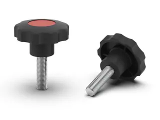 Pokrętło gwiazdowe ze śrubą zatopioną w tworzywie D-62mm M12 x 28mm, zaślepka RAL3000 (czerwony ognisty)