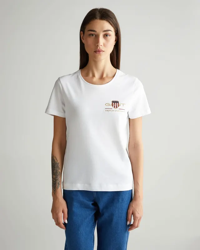Gant Bawełniana Koszulka Damska Z Nadrukiem Okrągły Kołnierzyk Regular Fit