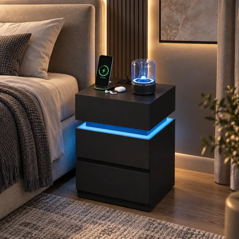 ZAREVIA – inteligentna szafka nocna LED z ładowaniem USB i gniazdami 230V