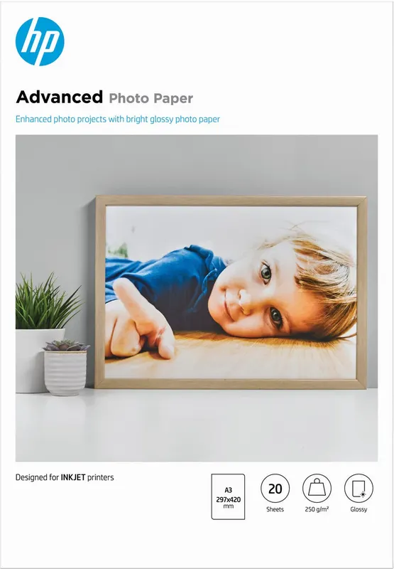 Papier fotograficzny HP Advanced, błyszczący, 250 g/m2 A3 (29,7 × 42 cm), 20 arkuszy