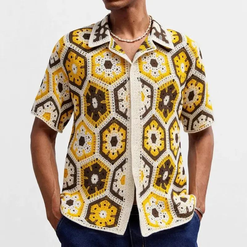 American European New Fashion Summer Men's Ethnic Knitted Turn-down Collar Short Sleeve Single-breasted Shirts Male Clothes Tops