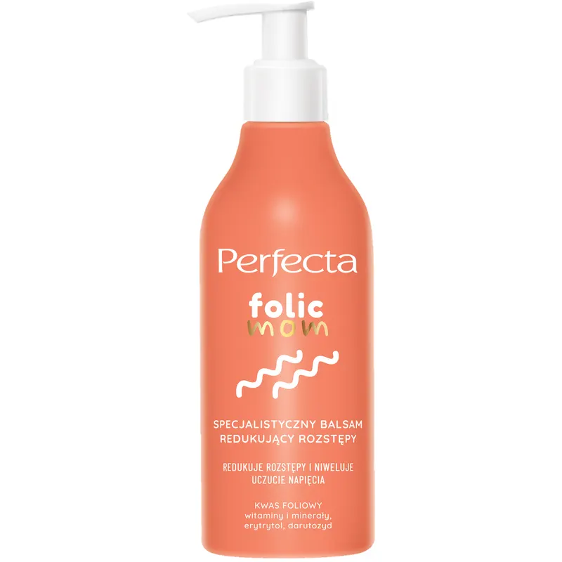 Perfecta Folic Mom specjalistyczny balsam redukujący rozstępy dla kobiet w ciąży z kwasem foliowym, erytrytolem, darutozydem, wąkrotą azjatycką, masłem shea i witaminami C, E, F 200 ml