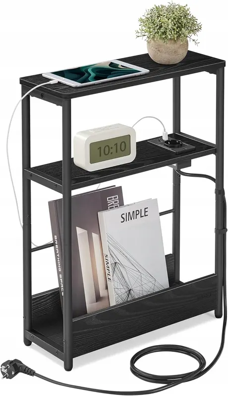 WĄSKI STOLIK NOCNY z GNIAZDKIEM USB LOFT do MAŁYCH PRZESTRZENI CZARNY