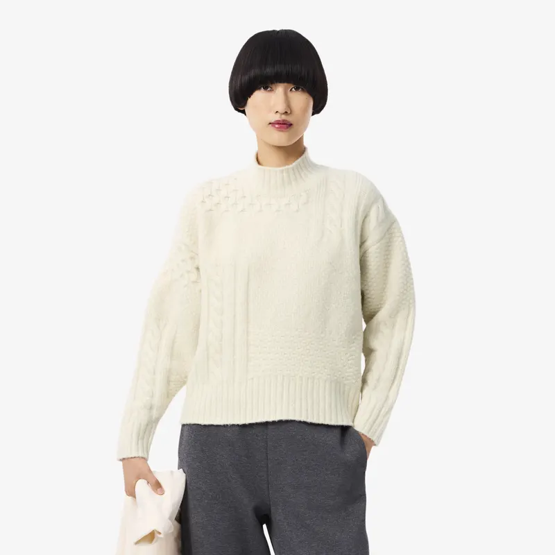 Lacoste Wełniany Sweter Z Wysokim Kołnierzem Z Efektem Patchworku