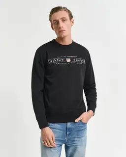 Gant Bluza Męska Z Nadrukiem İ Okrągłym Kołnierzykiem Regular Fit Czarna