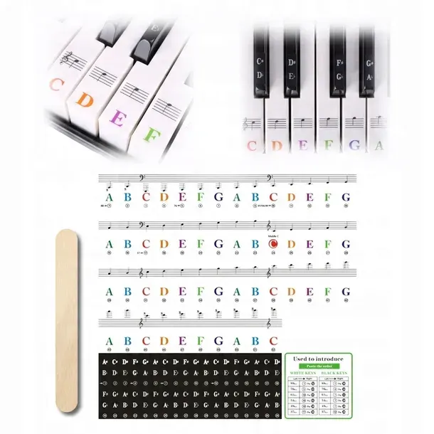 NAKLEJKI NUTY NA KLAWISZE DO NAUKI GRANIA PIANINO KEYBOARD FORTEPIAN KOLOR