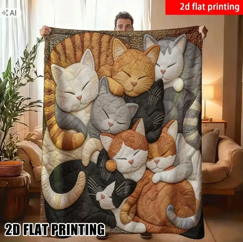 Koc kocyk narzuta śpiące kotki kot koty kociaki kolaż na prezent 150x200 cm