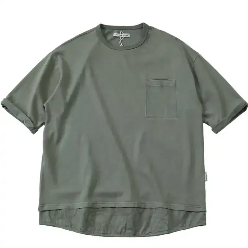 New Arrival Fake Two-piece Hem Patchwork Design High-quality Washed Cotton Round Neck Short Sleeved T-shirt for Men's Fashion