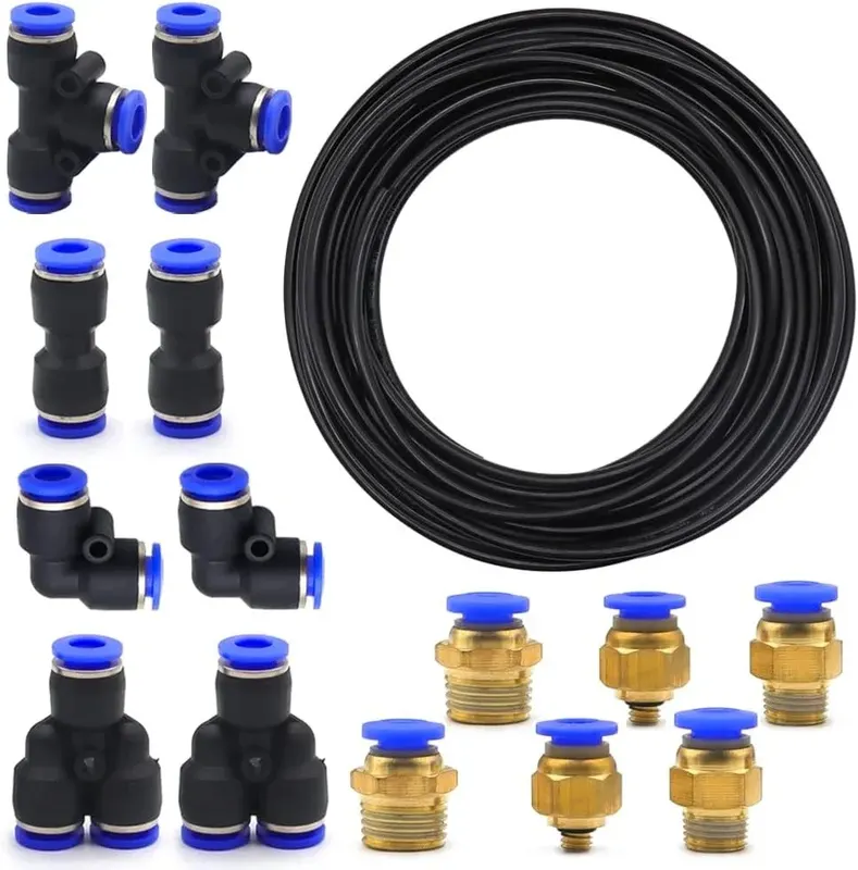 WĄŻ PNEUMATYCZNY PU 10M CZARNY 6MM OD, 4MM ID Z 14 SZYBKOZŁĄCZKAMI