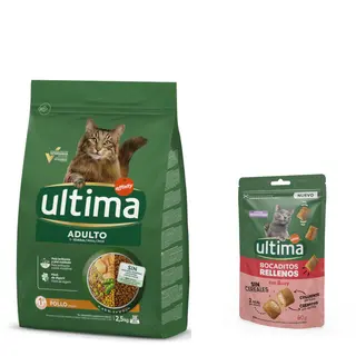 Ultima: karma sucha, 2,5 kg + Snacks nadziewane kawałeczki z wołowiną, 60 g gratis! - Cat Adult, kurczak