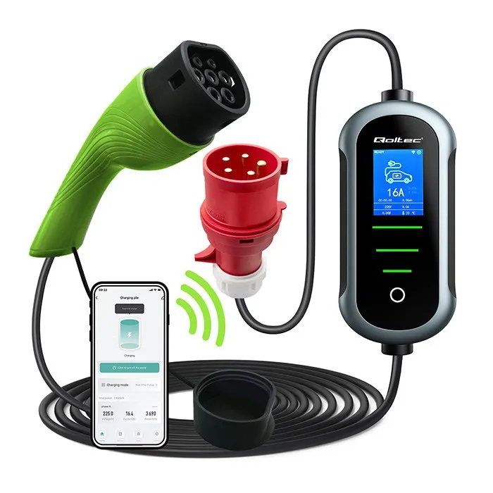 Qoltec Mobilna ładowarka do samochodu elektrycznego EV z regulacją 2w1 Typ2 | 22kW | 400V | Wi-Fi | TUYA | SMART LIFE | LCD | Wallbox | 7m